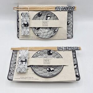 SH Home Set Of 2 Ceramic Sushi Plate  Seigaiha Waves & Pandas Black White 10pcs